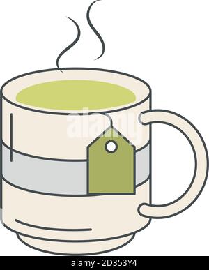 tè, tazza da tè con sacchetto di tè, linea di rinfresco caldo e illustrazione vettoriale di riempimento Illustrazione Vettoriale