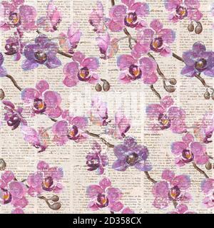 Vintage senza cuciture acquerello disegno a mano orchidea motivi fiori su giornale sfondo Foto Stock