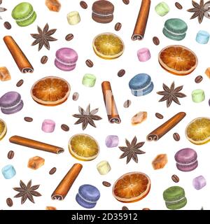 Natale colorato motivo senza cuciture con stelle di anice disegnate a mano acquerello, bastoncini di cannella, cubetti di zucchero, fette di agrumi, macaron, marshmallow e cof Foto Stock