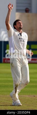 Steve Harmison di Durham festeggia il completamento di una corsa di cinque wicket dopo il bowling Peter Trego di Somerset per 23 corse durante la partita della Divisione 1 del campionato della contea di LV al terreno della contea a Taunton. Foto Stock