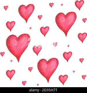Acquerello dipinto a mano motivo senza giunture con volume cuori su sfondo bianco . Illustrazione acquerello Foto Stock