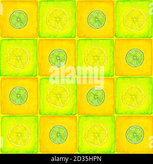 Acquerello disegno a mano senza cuciture con fette di limone e lime su sfondo arancione e lime luminoso. Illustrazione acquerello Foto Stock