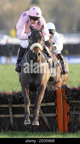 Go Native e Davy Condon (a sinistra) saltano l'ultimo per vincere l'ostacolo natalizio del williamhill.com durante il William Hill Winter Festival presso l'ippodromo di Kempton Park, Middlesex. Foto Stock