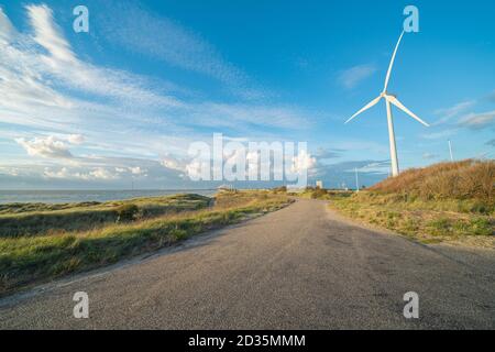 Lunga strada circondata dalle gigantesche turbine eoliche della Zelanda ideale per gli sfondi Foto Stock