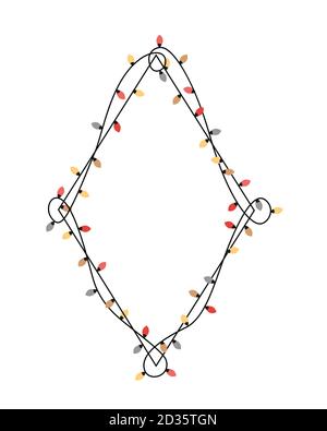 Telaio a forma di Rhombus da lampadine Xmas, bordo verticale a diamante. Semplice ma carino cornice disegnata a mano di Natale. Illustrazione vettoriale Illustrazione Vettoriale