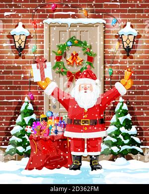 Decorazione della porta di Natale. Regalo in mano di babbo natale. Ingresso a casa suburbana decorata con corona, luci di ghirlanda. Saluti di festa. Anno nuovo e festa di Natale. Illustrazione vettoriale piatta Illustrazione Vettoriale