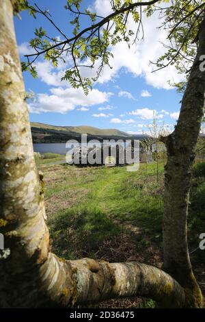 Loch Doon Castle, Loch Doon, Ayrshire, Dumfries & Galloway, Scotland UK.Castle è stato smantellato e ricostruito sul lato del lago a causa di un potere idro Foto Stock