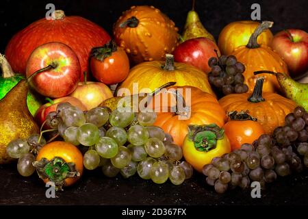 Vendemmia autunnale. Zucche, mele, uva, kinglet e pere su sfondo rustico scuro. Foto Stock