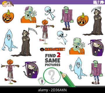 Illustrazione di Cartoon di trovare due stesse immagini gioco educativo per Bambini con personaggi di Halloween Illustrazione Vettoriale