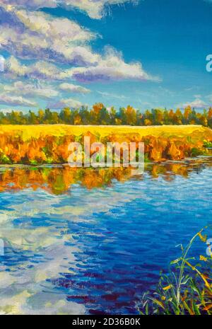 Olio acrilico pittura oro autunno sul fiume mare stagno acqua. Alberi di  arancio riflessi in acqua blu moderna illustrazione di belle arti su tela  Foto stock - Alamy