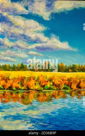 Olio acrilico pittura caldo autunno sul fiume. Alberi di autunno arancio riflessi in acqua moderna illustrazione di belle arti su tela Foto Stock