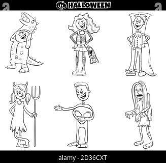 Cartoon bianco e nero Illustrazione di bambini e adolescenti in Costumi alla festa di Halloween o pagina del libro di colorazione di palla mascherata Illustrazione Vettoriale