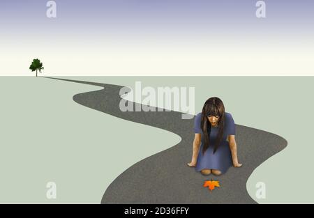 Una donna guarda la colorata foglia d'acero su una strada che si snoda all'orizzonte su una pianura arida con un solo albero verde in lontananza. Malato Foto Stock