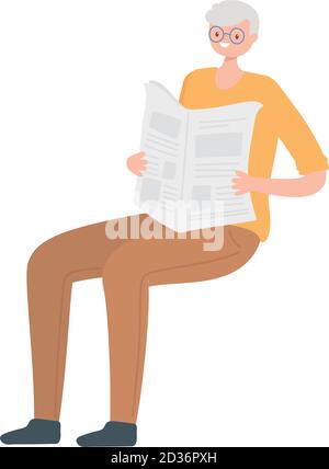 vecchio uomo personaggio lettura giornale isolato disegno bianco sfondo vettore illustrazione Illustrazione Vettoriale