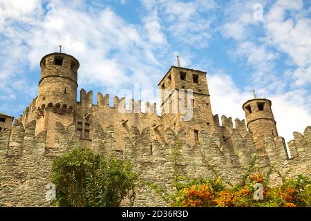 Castello di Fenis del XV secolo in Italia, primo piano Foto Stock