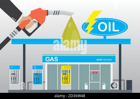 Stazione di benzina e supermercato, pompa di carburante in mano uomo. Illustrazione Vettoriale