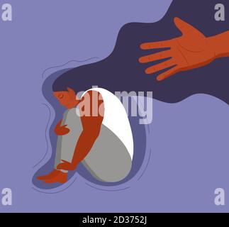 Vettore di concetto di ragazza stressato e frustrato. Scena di accusa nella vita, depressione nel lavoro. La mano umana aiuta la donna sola. La ragazza sconvolgendola si siede e la abbraccia Illustrazione Vettoriale