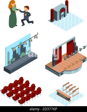 Decorazione teatrale. Interno isometrico di opera o sala balletto posti teatro attori tende rosse immagini vettoriali Illustrazione Vettoriale