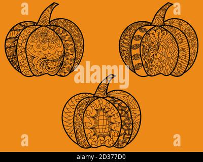 Tre zucche di Halloween su uno sfondo arancione decorato con un modello sottile in uno stile etnico Illustrazione Vettoriale