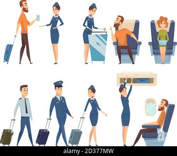 Passeggeri in aereo. Stewardess in bordo uniforme vettori di sicurezza di aerei cartoni animati Illustrazione Vettoriale