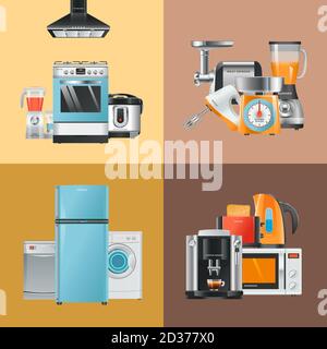 Apparecchi realistici. Home apparecchiature elettriche frigorifero lavatrice microonde miscelatore cappa gas stufa vettore raccolta Illustrazione Vettoriale