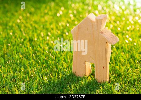 Casa giocattolo in legno in miniatura su erba da vicino Foto Stock