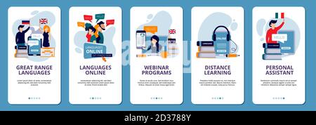 Schermate di inserimento. Scuola di apprendimento linguistico online formazione a distanza tutorial web mobile app design modello di layout vettoriale Illustrazione Vettoriale