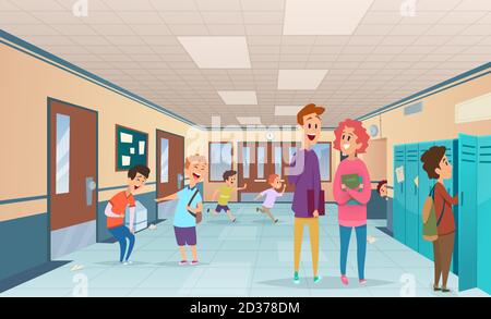Pausa scolastica. Studenti di difficoltà e studenti disorganizzati durante la pausa scolastica in corridoio vettori cartoni animati caratteri Illustrazione Vettoriale