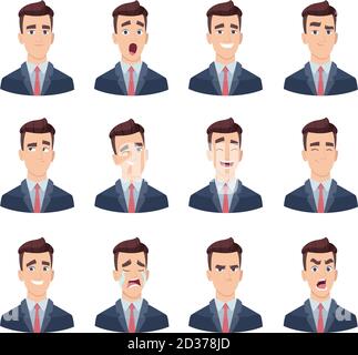 Emozioni dell'uomo d'affari. Personaggi maschi con varie emozioni del viso tristezza gioia odio risate rabbia sorriso paura vettore immagini Illustrazione Vettoriale