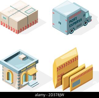 Ufficio postale. Posta e servizio di consegna pacchi cargo postbox mailman operatore vettore immagini isometriche Illustrazione Vettoriale