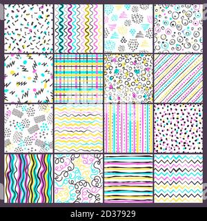 Pattern di linea semplice. Stile infantile forme colorate forme diverse punti forma e strisce doodling vettoriale in stile sfondi senza giunture Illustrazione Vettoriale