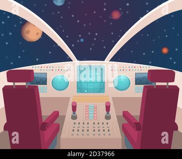 Cabina di pilotaggio per astronave. Inversore interno con quadro strumenti vettoriale in stile cartoon Illustrazione Vettoriale