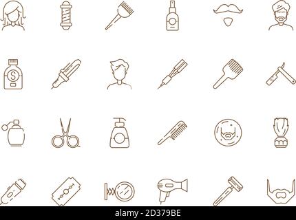 Icona del barbiere. Uomo strumenti per la rasatura e la cura del corpo salone di bellezza rifinitura capelli vettore simboli di linea sottile Illustrazione Vettoriale