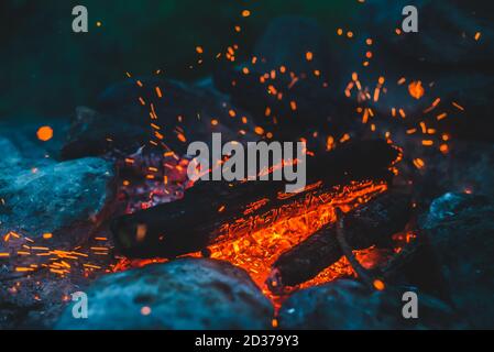 Vividi boschi di fuoco bruciati in closeup fuoco. Sfondo atmosferico con fiamma arancione di fuoco. Meravigliosa immagine full frame di falò con glo Foto Stock