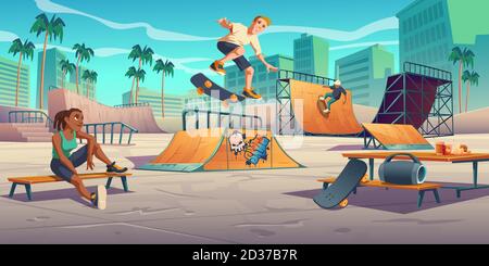 Gli adolescenti nello skate Park, il rollerdrome eseguono acrobazie di salto con skateboard su rampe a quarto e mezzo pipe. Sport estremi, graffiti, cultura urbana giovanile e attività di strada teen Cartoon illustrazione vettoriale Illustrazione Vettoriale