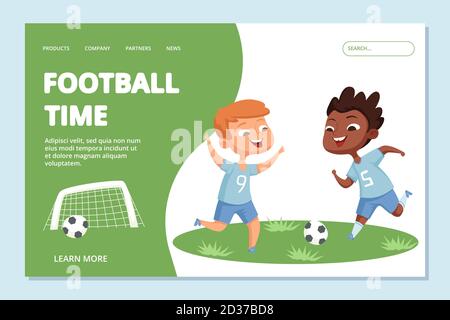 Modello della pagina di destinazione del calcio. Personaggio vettoriale della squadra sportiva per bambini Illustrazione Vettoriale