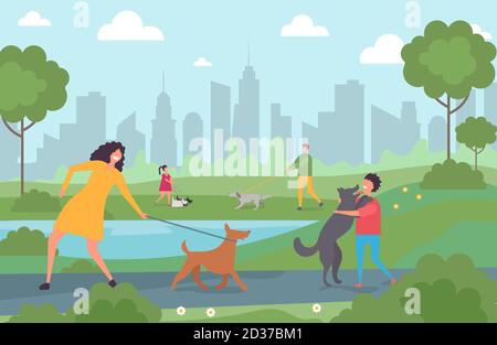 Persone felici che camminano con i cani nel parco cittadino. Personaggio cartoon adulti e bambini con animali da compagnia illustrazione vettoriale Illustrazione Vettoriale
