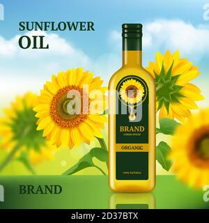 Olio di girasole. Pubblicità modello di disegno per la rivista Chef liquido prodotto in bottiglia vettore sfondo realistico Illustrazione Vettoriale