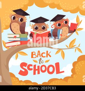 Gufo in filiale. Torna a scuola settembre autunno concept background con uccelli con libri e zaino vettore cartoon Illustrazione Vettoriale