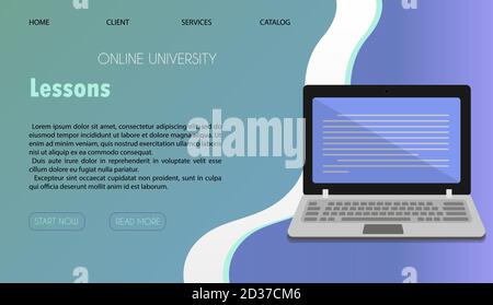 Illustrazione vettoriale di un sito Web per l'apprendimento a distanza, l'istruzione online e il lavoro. Un'illustrazione piatta della pagina principale dell'app mobile con una pila di libri, una tazza di caffè e un laptop per condurre lezioni online, conferenze e visualizzare i compiti da casa. Illustrazione Vettoriale