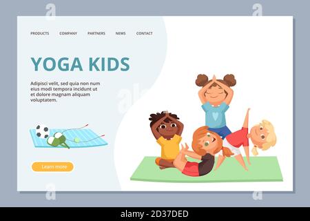 Yoga kigs caratteri. Modello di landing page vettoriale per l'allenamento di sport e yoga per bambini Illustrazione Vettoriale