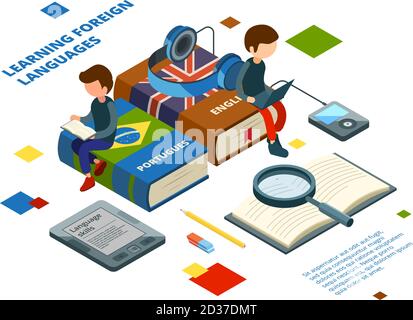 Studiare lingue straniere. Libri vocabolario e studenti parlano di varie lingue apprendimento on-line vettore concetto isometrico Illustrazione Vettoriale
