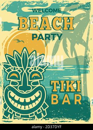 Poster barra Tiki. Hawaii spiaggia estate festa invito tiki tribale in legno maschere vettore retro placard Illustrazione Vettoriale