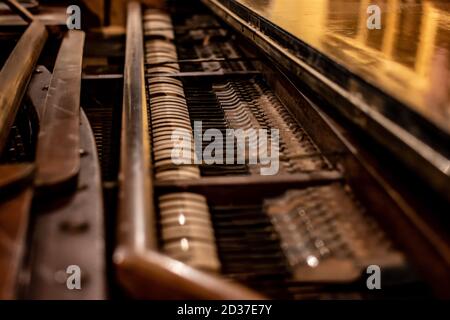 Interno sotto il coperchio del pianoforte: i perni e i moderatori Foto Stock