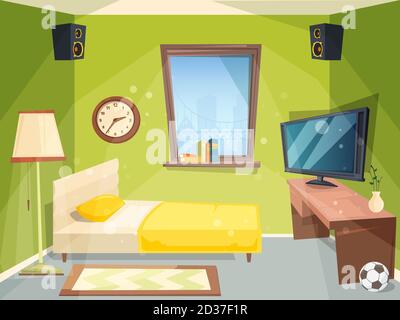 Stanza teen. Piccola camera da letto per bambini appartamento studente all'interno della casa moderna vettore cartone animato Illustrazione Vettoriale