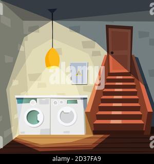 Seminterrato. Sala casa Cartoon con seminterrato con lavatrice lavatrice scalinata magazzino interno illustrazioni vettoriali Illustrazione Vettoriale