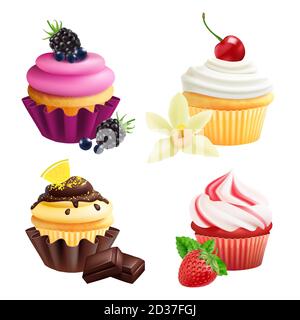 Collezione cupcakes. Muffin realistici con crema, frutta, vaniglia e cioccolato. Vettoriale cupcakes isolato su sfondo bianco Illustrazione Vettoriale