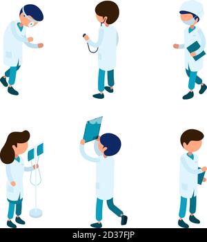 Medici isometrici. Personale medico chirurgo paramedico ambulanza persona caratteri ospedale 3D vettore raccolta isometrica Illustrazione Vettoriale