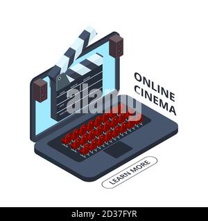 Icona vettoriale isometrica del cinema online. Illustrazione dell'Home Cinema Illustrazione Vettoriale