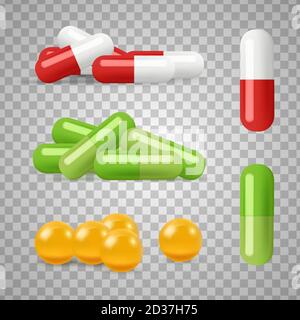 Vettore di pillole realistiche. Farmaci, farmaci isolati su sfondo trasparente Illustrazione Vettoriale